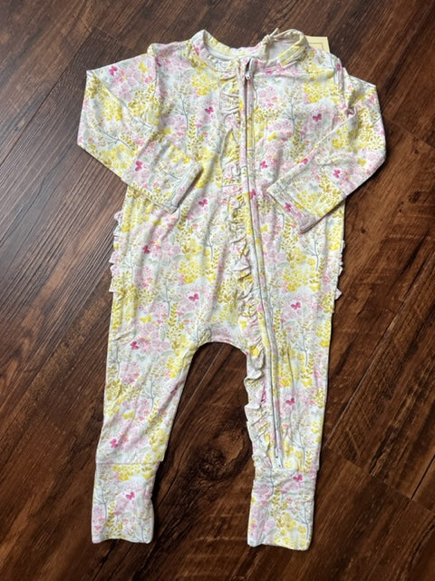 Ivy Bamboo Ruffled Footless Zippy Baby Romper - Ditsy Floral Butterflies