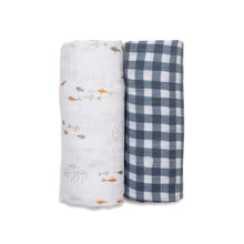 Load image into Gallery viewer, Lulujo Cotton Muslin Swaddles - Fish &amp; Navy Gingham
