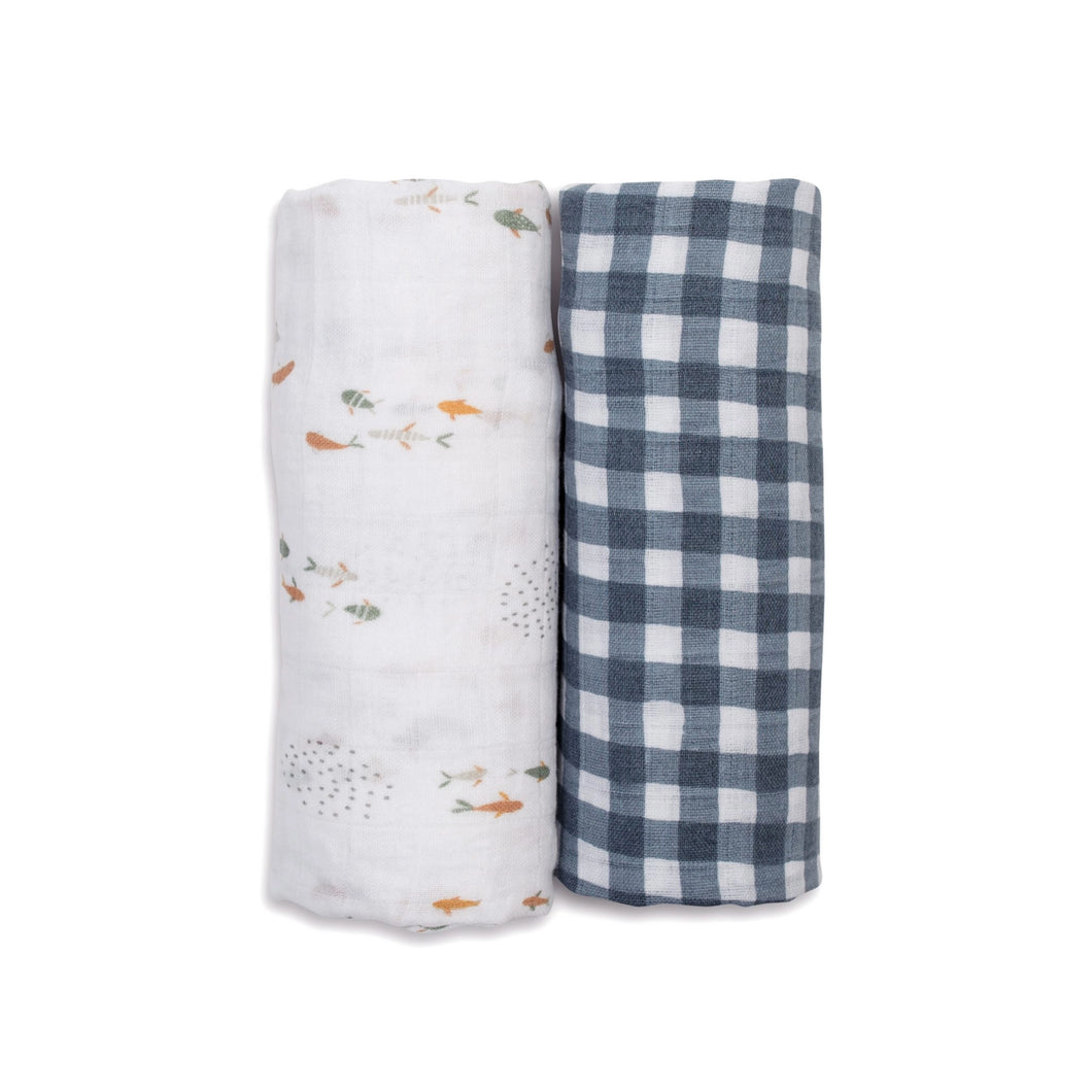 Lulujo Cotton Muslin Swaddles - Fish & Navy Gingham