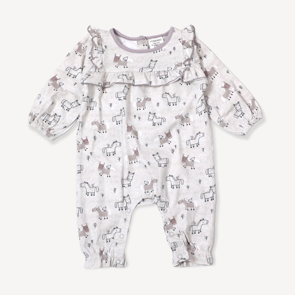 Horse & Bird Ruffle Coverall Romper - Heather Grey