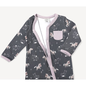 Horse & Bird Side Pocket Coverall Romper - Dark Grey