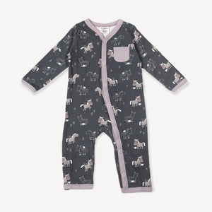 Horse & Bird Side Pocket Coverall Romper - Dark Grey