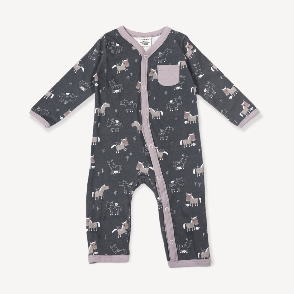 Horse & Bird Side Pocket Coverall Romper - Dark Grey