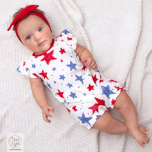 Load image into Gallery viewer, Baby girl bubble romper with stars print in red, white &amp; blue! She&#39;ll be outfitted cute and comfy in this super-soft 100% cotton rib material. Buttons at back and snaps underneath for easy on and off.  Complete the look by adding optional headwear. Machine Wash Gentle. Tumble Dry Low.
