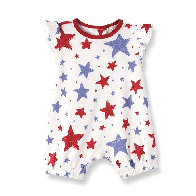 Baby girl bubble romper with stars print in red, white & blue! She'll be outfitted cute and comfy in this super-soft 100% cotton rib material. Buttons at back and snaps underneath for easy on and off.  Complete the look by adding optional headwear. Machine Wash Gentle. Tumble Dry Low.